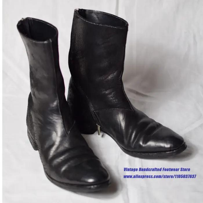 Bottes mi-mollet en cuir noir vintage pour hommes, fermeture éclair latérale, talon plat bas, bottines de créateur faites à la main, chaussures tendance pour hommes