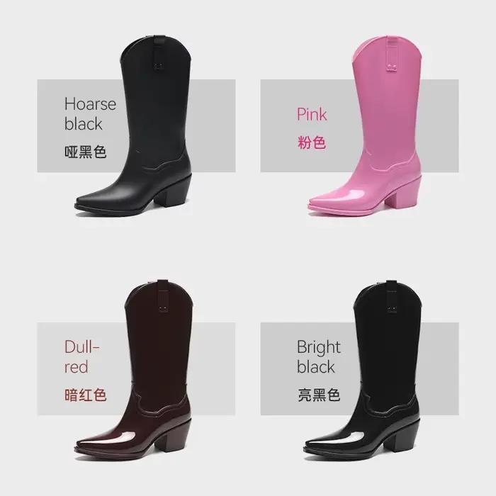 Bottes de pluie longues à talons hauts pour femmes, bottes de chevalier noires, caoutchouc souple, chaussures imperméables, mode