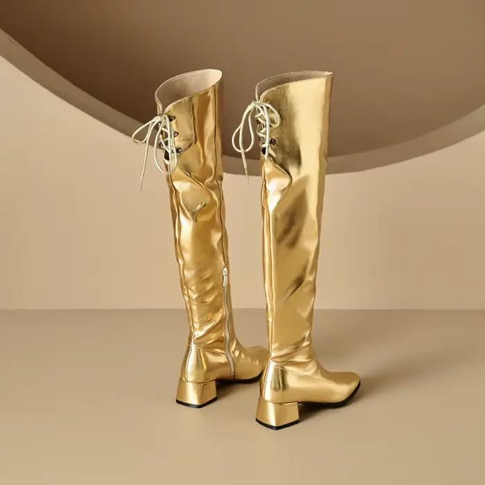 Chaussures or argent bottes au dessus du genou pour femmes bloc talon moyen fermeture éclair latérale confortable robe de soirée décontractée cuissardes longues bottes