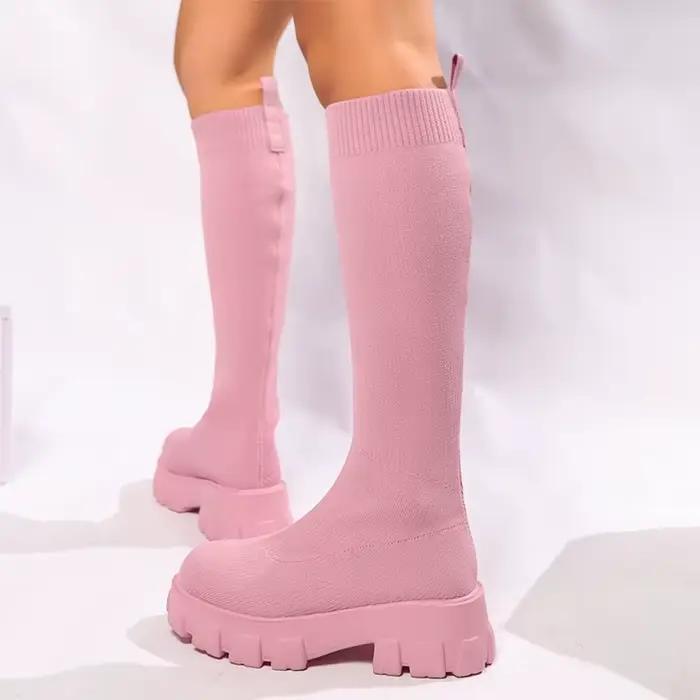 Rose grosse plate-forme bottes longues femmes tendance fond épais élastique genou