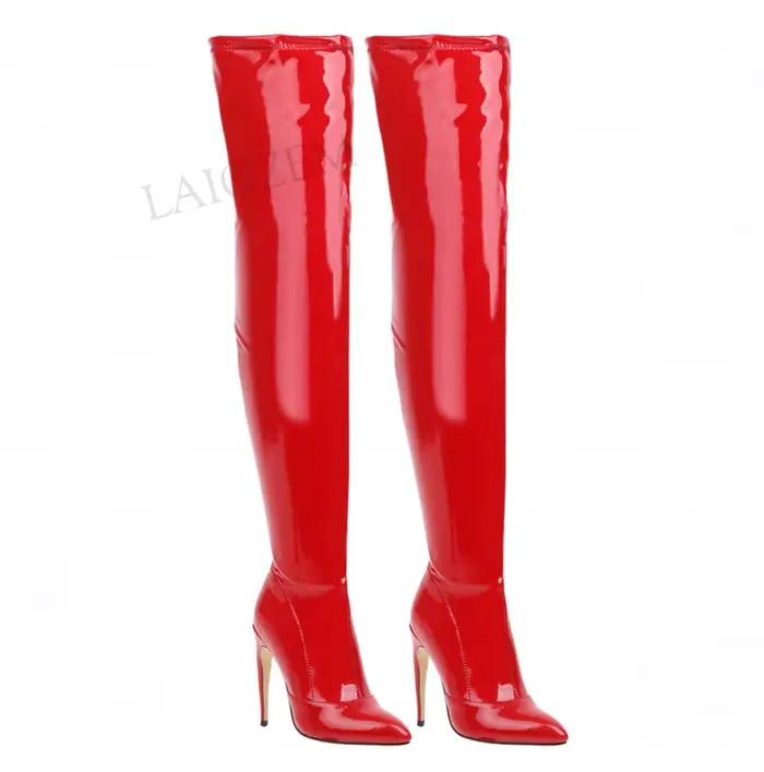 LAIGZEM femmes sur les bottes au genou extensible côté fermeture éclair talons hauts brillant cuissardes Club chaussures minces femme grande taille 33 39 43 47 49