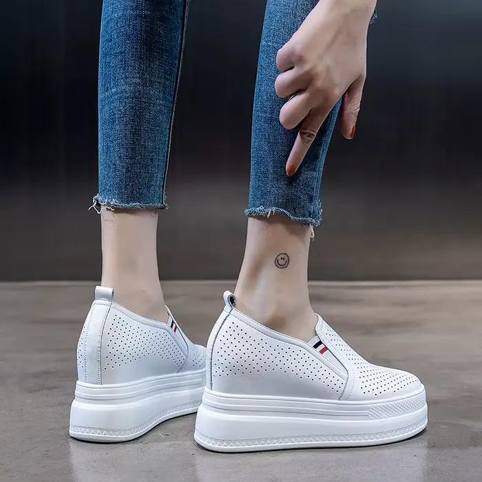Bottines synthétiques en cuir véritable pour femmes, escarpins à talons compensés, plateforme à la cheville, Sexy, à talons cachés, 9cm, automne et printemps