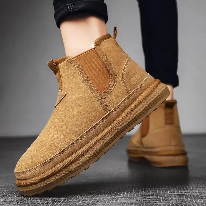 Bottines Chelsea imperméables en daim et cuir pour homme, chaussures de neige chaudes en fourrure et peluche moelleuse, chaussures d'extérieur, hiver