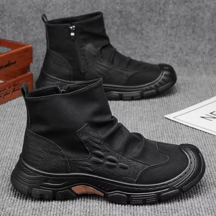 Bottes pour hommes, chaussures de travail à tige haute, nouvelle collection automne, fermeture éclair, plissées, antidérapantes, confortables, à semelle épaisse, résistantes à l'usure, bottes plates t