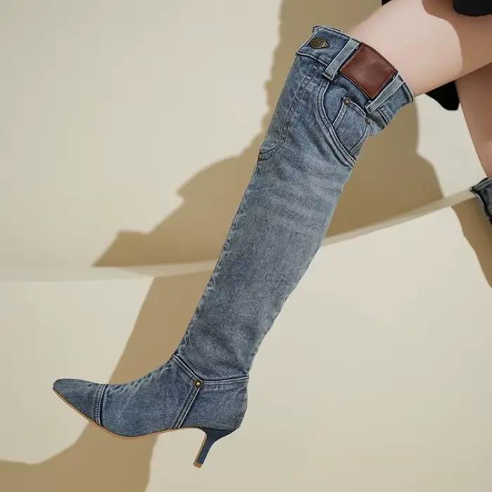 Bottes hautes bottes en jean vintage pour femmes avec talons fins bout pointu bottes longues chaussures pour femmes chaussures en jean pour femmes
