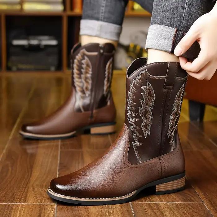Bottes pour hommes brodées bottes de cowboy occidentales rétro grande taille bottes hautes fermeture éclair latérale botte longue à la main en plein air mi-mollet botte