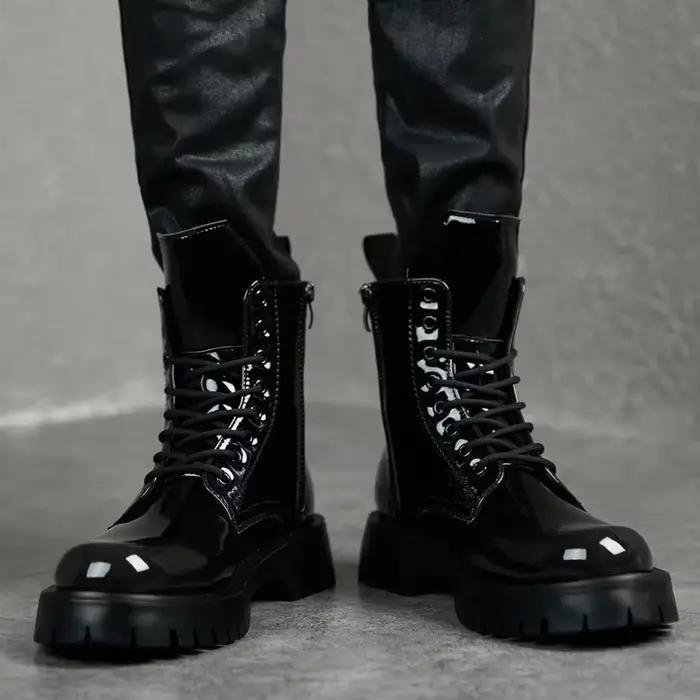 Bottes en cuir verni homme, style streetwear, bout rond, talon plat, semelle en caoutchouc, semelle intérieure PU, pour printemps et automne, occassions variées