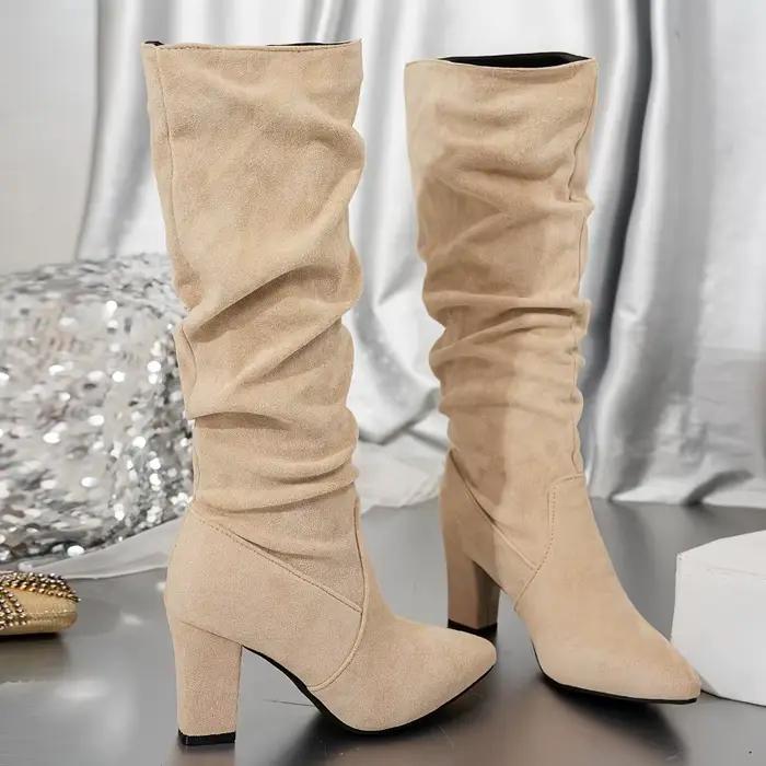 Femmes troupeau plissées talon haut épais mi-mollet bottes pour bureau en plein air soirée mariage Banquet Botas De Mujer chaussures