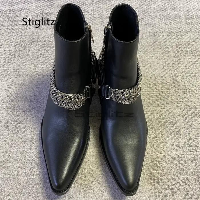 Bottes à chaîne en cuir véritable noir pour hommes