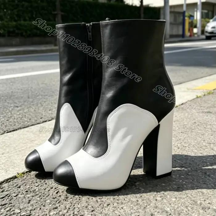 Bottines en cuir mat bicolore, talons épais, bout rond, style britannique, pour femmes, sandales décontractées, Zapatos Para Mujere