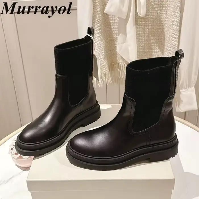 Femmes enfant daim plat semelle épaisse bottes courtes bout rond chaîne perle décor tricoté manches cheville Botas automne hiver bottes d'équitation