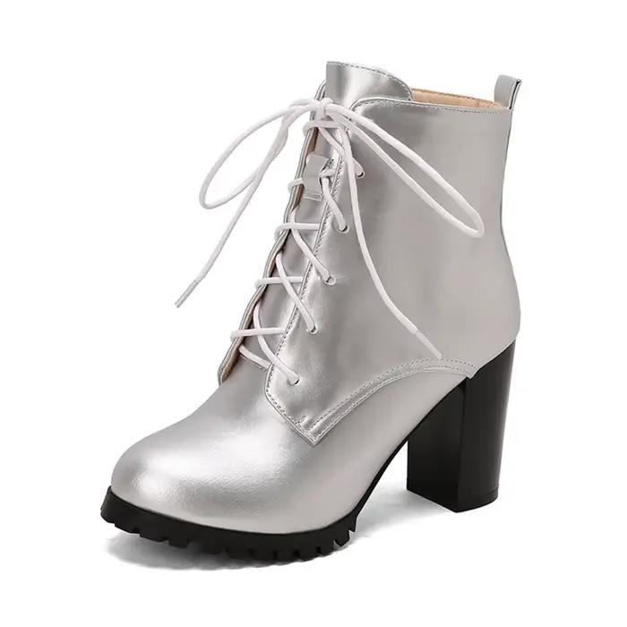 Bottines de styliste élégantes à lacets pour femmes, bout rond, talon carré, semelles épaisses, talons hauts, vêtements de travail, taille 50, printemps et automne, T3-12