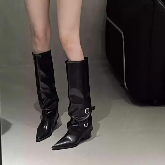 Bla bottes longues à tube haut pour femmes, bottines rétro à bout pointu avec ceinture, printemps automne, cuir PU, doublure en coton et caoutchouc...