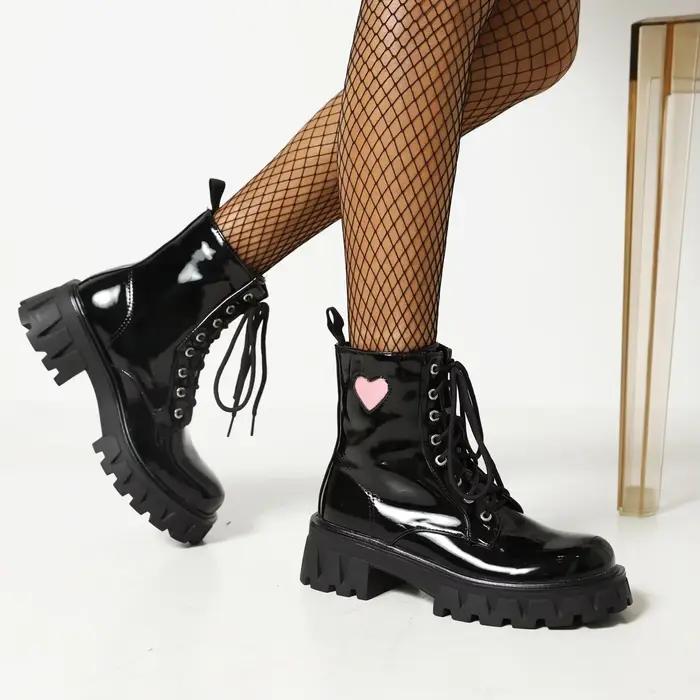 Bottines britanniques pour femmes à talons épais et hauts, en cuir verni noir et violet, bout rond, style vintage, à lacets, courtes, pour soirée