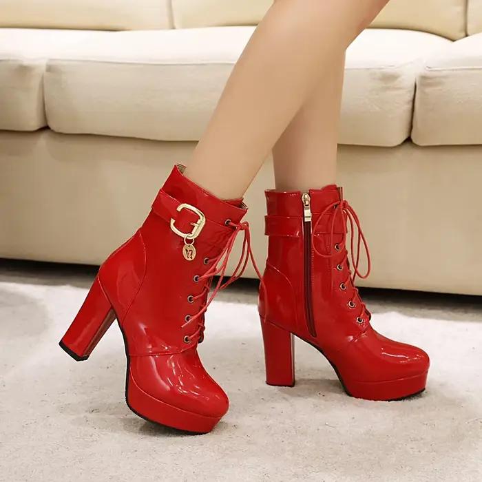 Bottes de rinçage à plateforme en cuir verni rouge pour femmes, talons hauts épais, bottes courtes à fermeture éclair, Parker rond, décontracté, bureau, dames, hiver