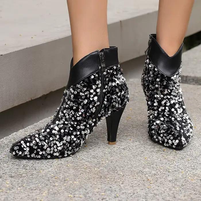 Botas De Mujer Fashion Sequin Ankle Boots Women Glitter Bling Shiny High Heels Side Zip Pointed Goth Shoes Big Size 46 47 L9-31