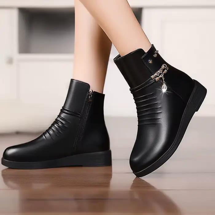 Cuir femmes bottes 2024 hiver épais laine doublé