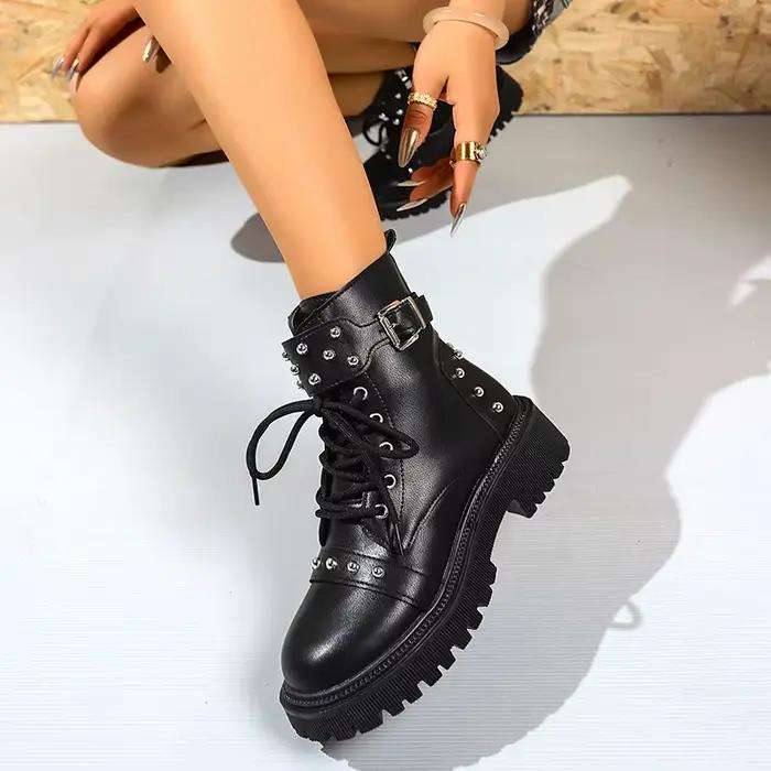 Rivets décor plate-forme bottines femmes mode boucle à lacets fermetures éclair bottes de Combat femme noir Pu cuir moto chaussures 42