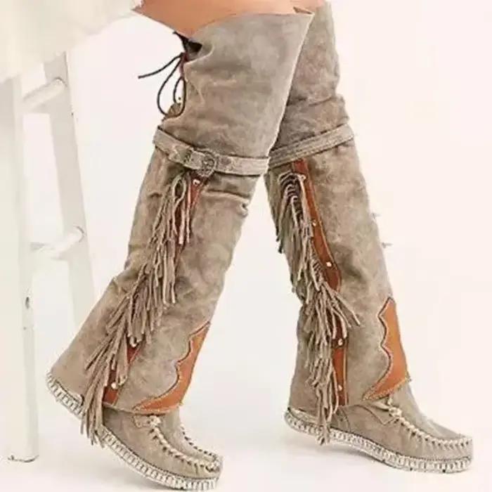 Bottes bohèmes mi-mollets pour femmes, style ethnique, à pompoms, en faux daim, bottes plates longues pour fille, bottes au-dessus du genou, talon carré, semelle en caoutchouc