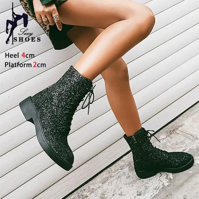 Nouvelles bottines décontractées 2024 à fermeture éclair latérale, chaussures de danse à paillettes brillantes pour femmes, talon bas de 4 cm, bout rond, bottes printemps-automne, grandes tailles 43