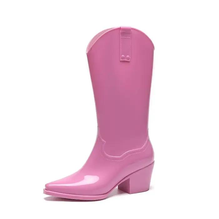 Bottes de pluie longues à talons hauts pour femmes, bottes de chevalier noires, caoutchouc souple, chaussures imperméables, mode