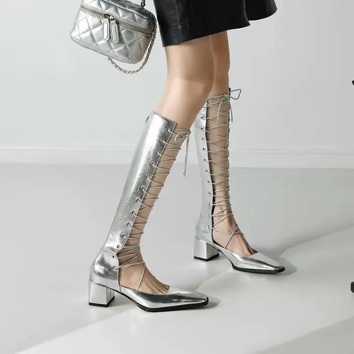 Ochanmeb-Bottes Chic à Bretelles Croisées en Cuir group pour Femme, Talon Épais, Argent, Beige, Noir, ixde Bal