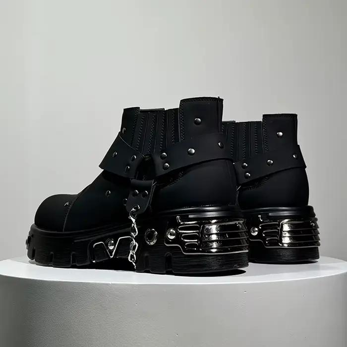 Nouvelles Bottes Noires Homme Style Rock Punk Métal Patchwork – Chaussures Décontractées Tendance à Talon Rehaussant et Coupe Basse