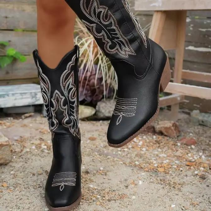 Bottes de cow-boy pour femmes, bottes de combat vintage, à talon bloc épais, bout pointu, talon haut, hauteur genou, style cowgirl