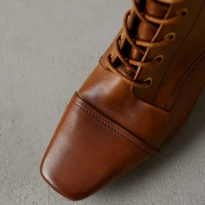 2025New femmes en cuir de vache bout carré à lacets dos zip automne bottines de haute qualité doux confort 4 cm chaton talon bottes courtes