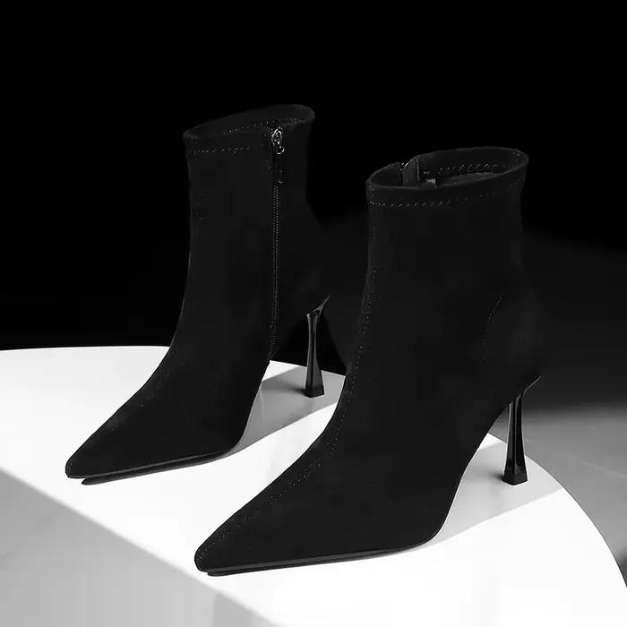 Bottes courtes de luxe pour femmes, élégantes, Style français, bout pointu, talon fin, coupe cintrée, fermeture éclair latérale, talon haut
