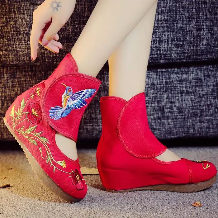 Veowalk cheville Wrap femmes bottes décontractées colibri chinois Noble Mary Janes à l'intérieur augmenté broderie pompes chaussures en tissu