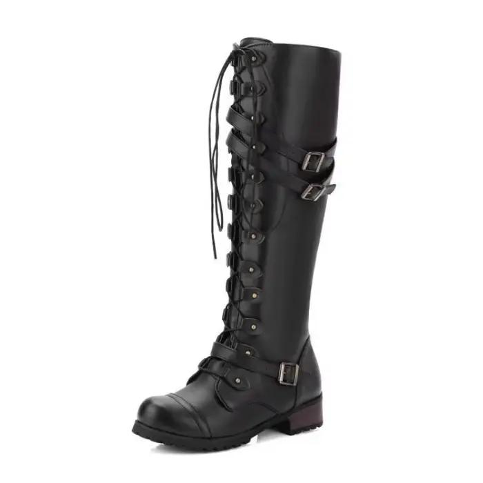 Nouvelle mode femmes genou bottes hautes marque à lacets plate-forme chaussures Sexy avec boucle PU rétro