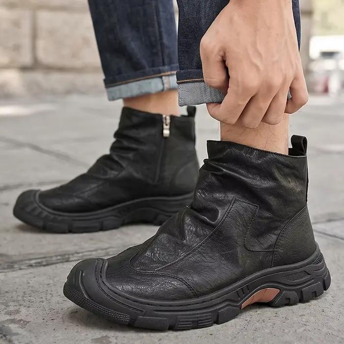 Bottines classiques noires pour hommes, bottes décontractées à plateforme pour hommes, chaussures de travail confortables à tige haute, bottes en cuir pour hommes, botas masculino