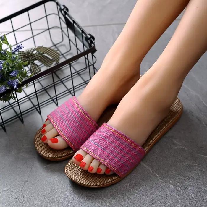 Pantoufles en lin pour femmes, chaussures d'été pour amoureux d'intérieur, antidérapantes, chaussures de sol épaisses pour hommes, sandales d'été en coton et lin