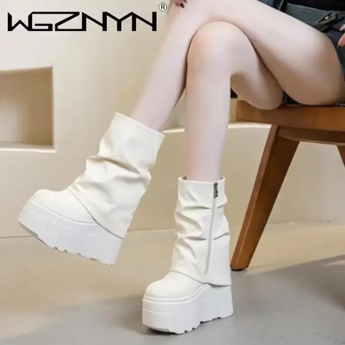 14CM nouveaux bottines chaussures bottes en cuir microfibre naturelle 2025 hiver femmes