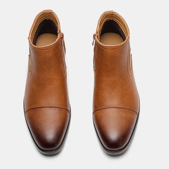 Bottines confortables en cuir artificiel pour hommes, bottes rétro, hecrafted, printemps automne, cheville, talon bas, bout rond, lacets, couture visible, semelle en caoutchouc et EVA, gris, gris foncé, chameau