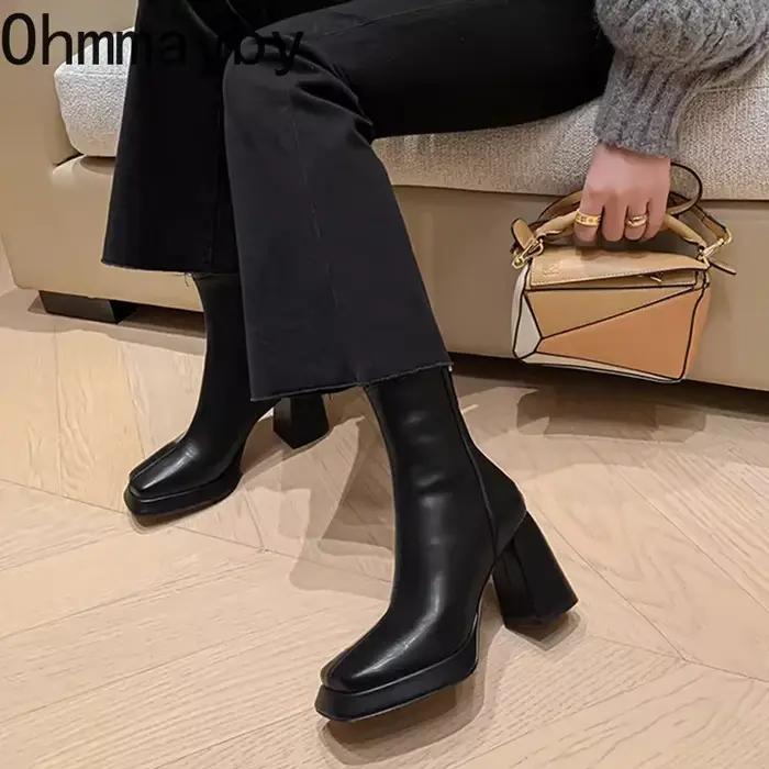 Bottines Vintage à bout carré pour femmes, bottines courtes à la mode avec fermeture éclair au dos, automne-hiver, bottines Largas concises
