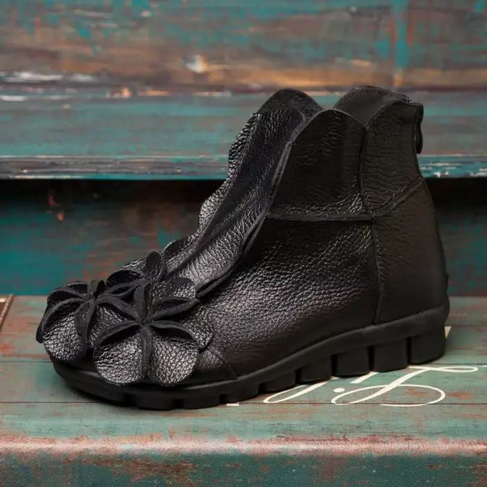 Chaussures en cuir véritable fabriquées à la main pour femmes, bottes Vintage à talons épais avec fermeture éclair au dos, bottes courtes florales à la mode, chaussures de Cosplay 2025