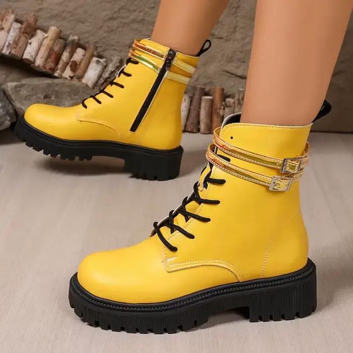 Bottines de styliste à lacets pour femme, bottes de moto à plateforme en cuir, talons épais, fermeture éclair, bottines courtes, chaussures à talons carrés