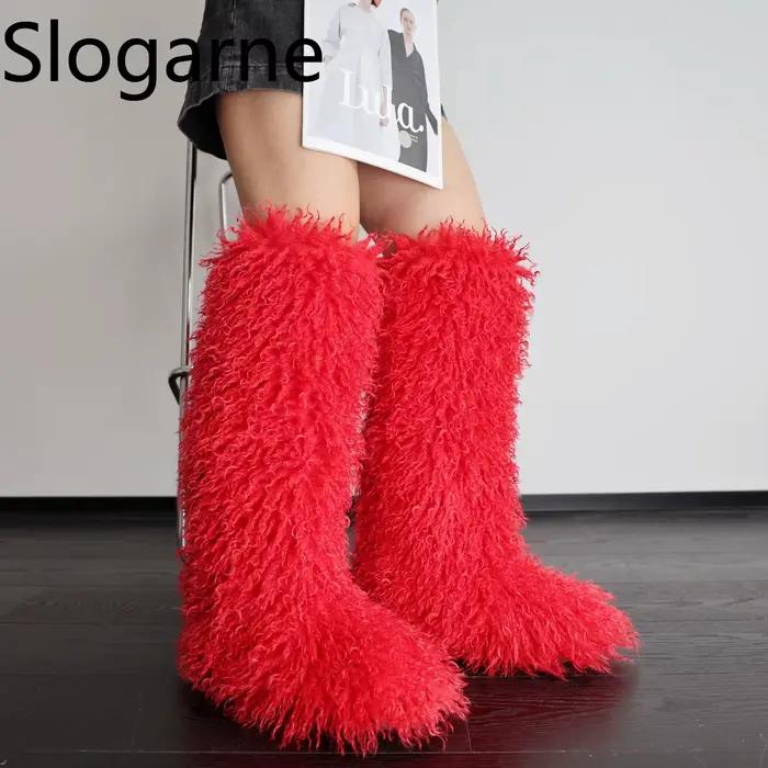 Bottes hautes en fausse fourrure pour femmes, bottes de neige en laine pour filles, chaussures à plateforme en fausse fourrure mongole moelleuse, tube haut, luxe, hiver