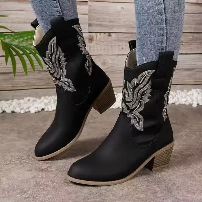 Bottes de chevalier rétro mi-mollet brodées à talon épais, style western cowboy, avec empeigne à découpe en V, semelle extérieure en caoutchouc et doublure en similicuir