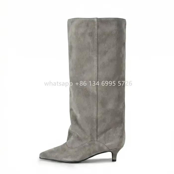Bottes hautes en daim véritable pour femme élégantes à enfiler pour mollets larges et talons fins automne printemps occassions spéciales à offrir