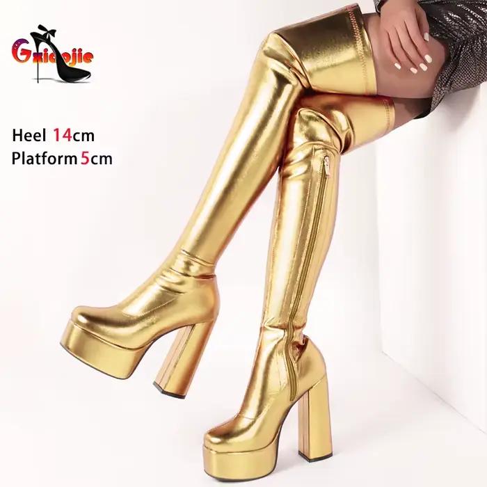 Cuissardes minces pour femmes, talons optiques, cuir rose, bottes longues élastiques, chaussures Parker carrées à plateforme, Europe et Amérique, 2024