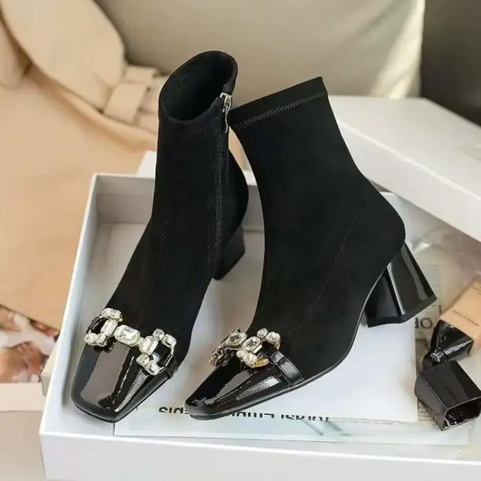 Bottines à boucle en strass pour femmes, bout carré, panneaux en daim, talons antidérapants et résistants à l'usure