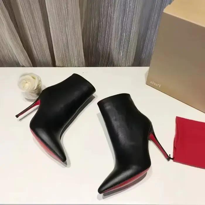Nouvelles bottes à fermeture éclair latérale pour femme, talons aiguilles de 10 cm, cuir noir, semelle rouge, bout pointu, bottines courtes pour femme.