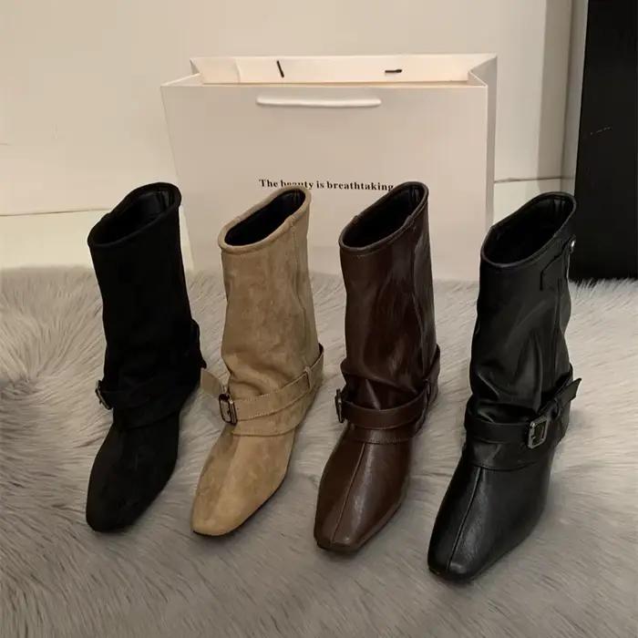 Bottes de chevalier de styliste pour femmes, chaussures à talons bas, robe de danse, Style de rue, fête de Banquet, courtes Botas Mujer