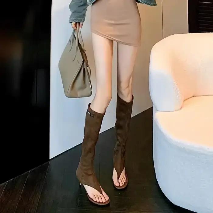 2025 noir bout ouvert bottes au genou à clipser chaussons modernes pour femmes mince talon bas fermeture éclair latérale printemps été fête talons sandales