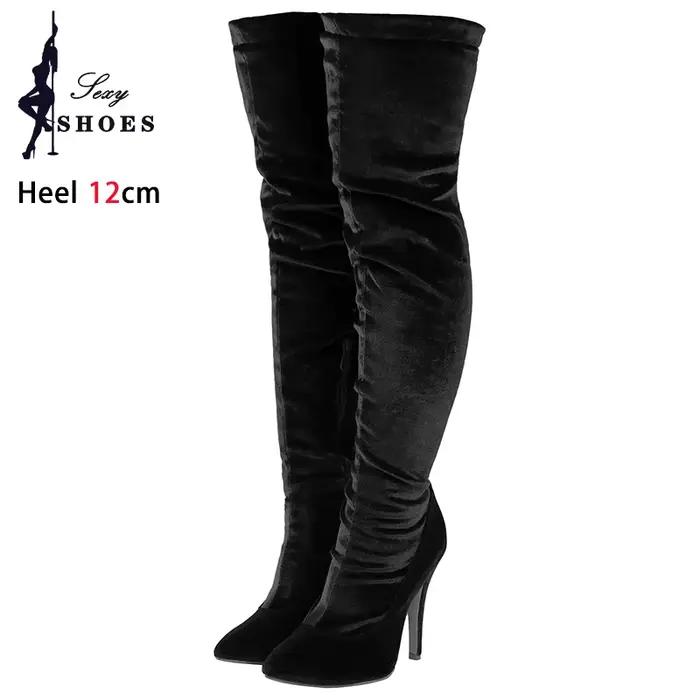 Bottes longues en velours pour femmes, bout pointu, talons aiguilles, grande taille, cuissardes élastiques, nouvelles bottes modernes pour printemps-automne 2024