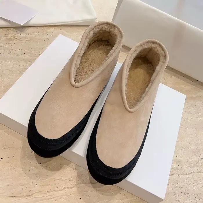 Nouveau bout rond vache daim fond épais bottes de neige femmes couleurs mélangées doublure en laine mocassins hiver bouche peu profonde cheville Botas