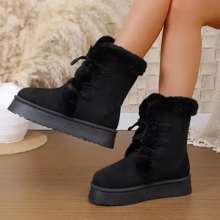 Nouvelles bottes de neige mi-cylindre pour femme, en daim de vache, avec semelle en caoutchouc, fausse fourrure douce, talon moyen et fermeture par lacets, pour printemps, automne et hiver